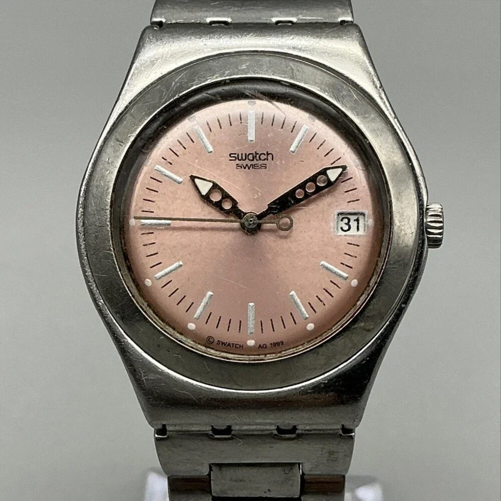 Swatch Audacity Irony Womens Watch 32mm Pink Dial Stainless Date New Battery